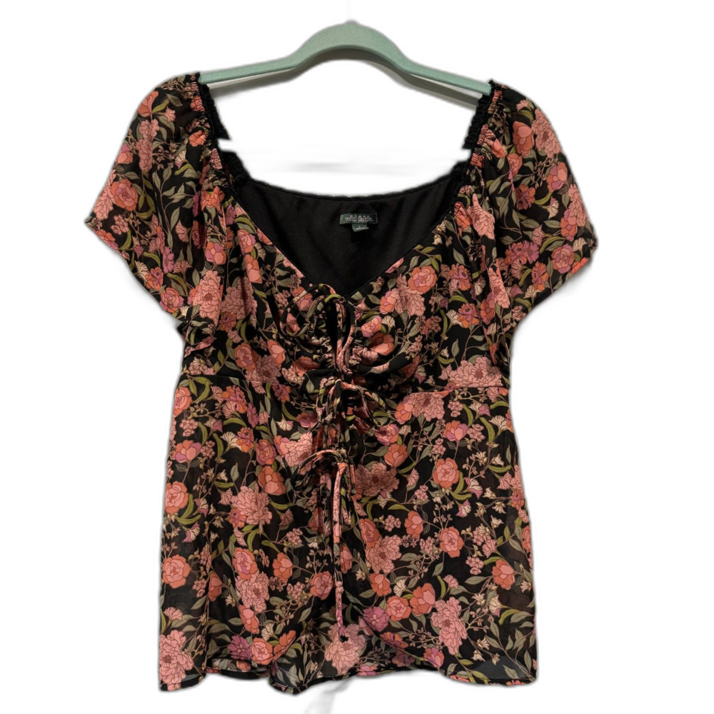 Wild Fable Tie Front Babydoll Top Floral Black Pink Sheer Y2K Women sz Large